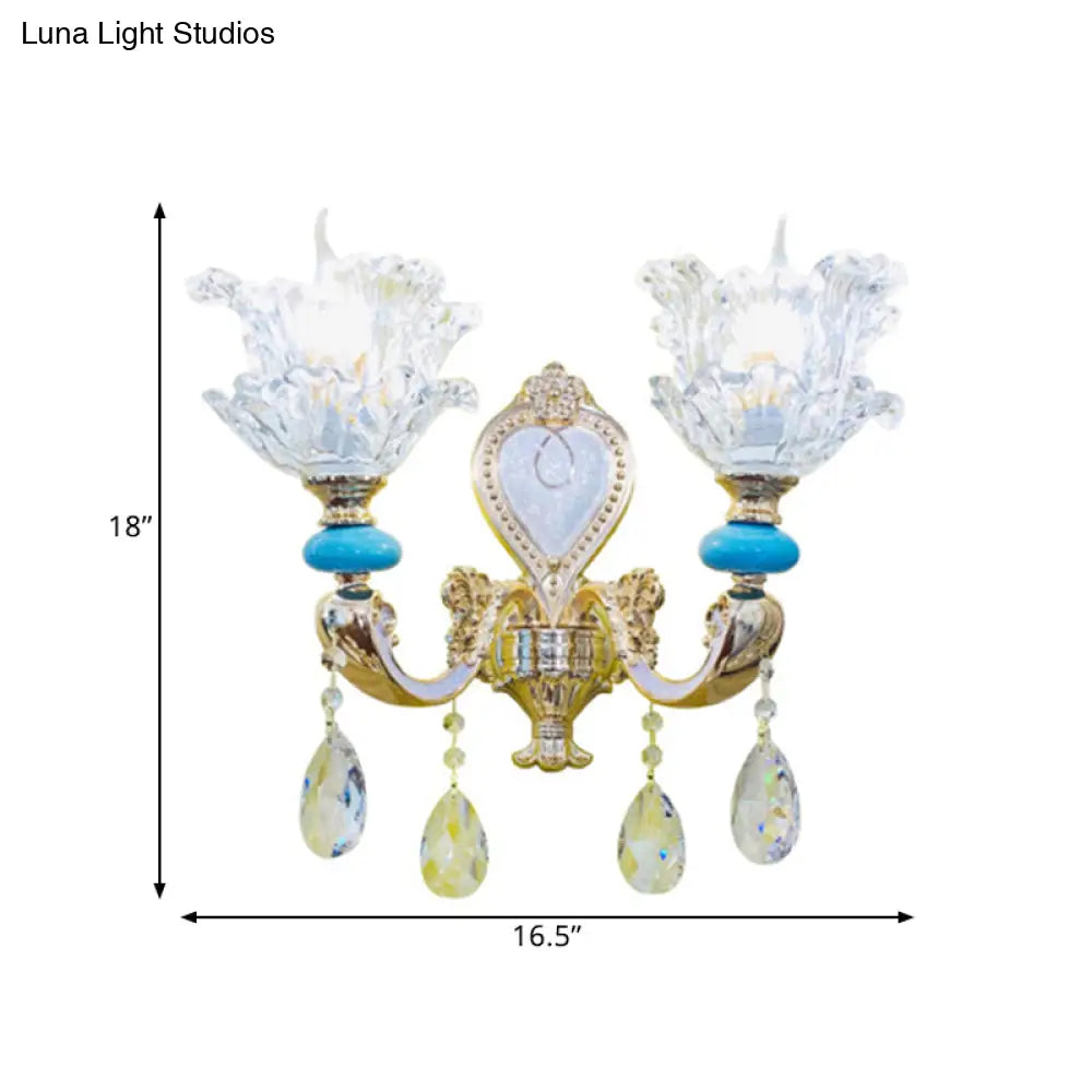 Traditional Layered Flower Wall Light Kit - Gold-Blue Clear Crystal 1/2-Head Lighting