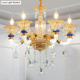 Traditional Metal Candelabra Chandelier - 6 Heads Brass Suspension Pendant With Amber Crystal Accent