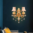 Traditional Metal Double Arm Sconce Light Fixture With Crystal Drop And Fabric Shade - Golden Wall