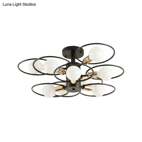 Traditional Metal Semi-Mount Ceiling Light Fixture Ring Bedroom Lighting 3/6/9 Lights Black