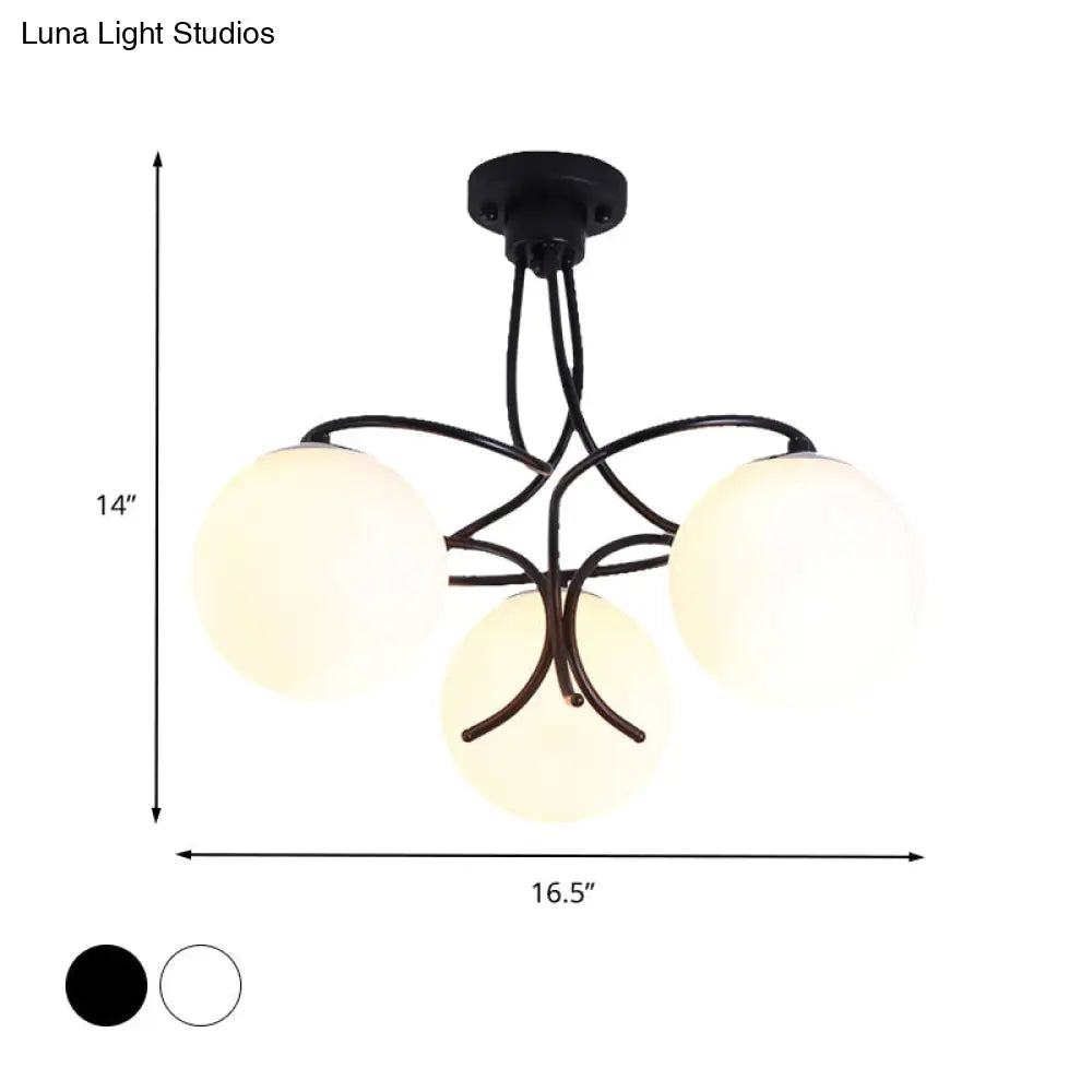 Traditional Milky Glass Semi Flush Ceiling Lamp - Black/White 3/5 Lights For Living Room