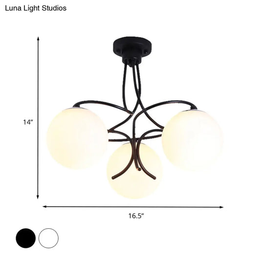 Traditional Milky Glass Semi Flush Ceiling Lamp - Black/White 3/5 Lights For Living Room