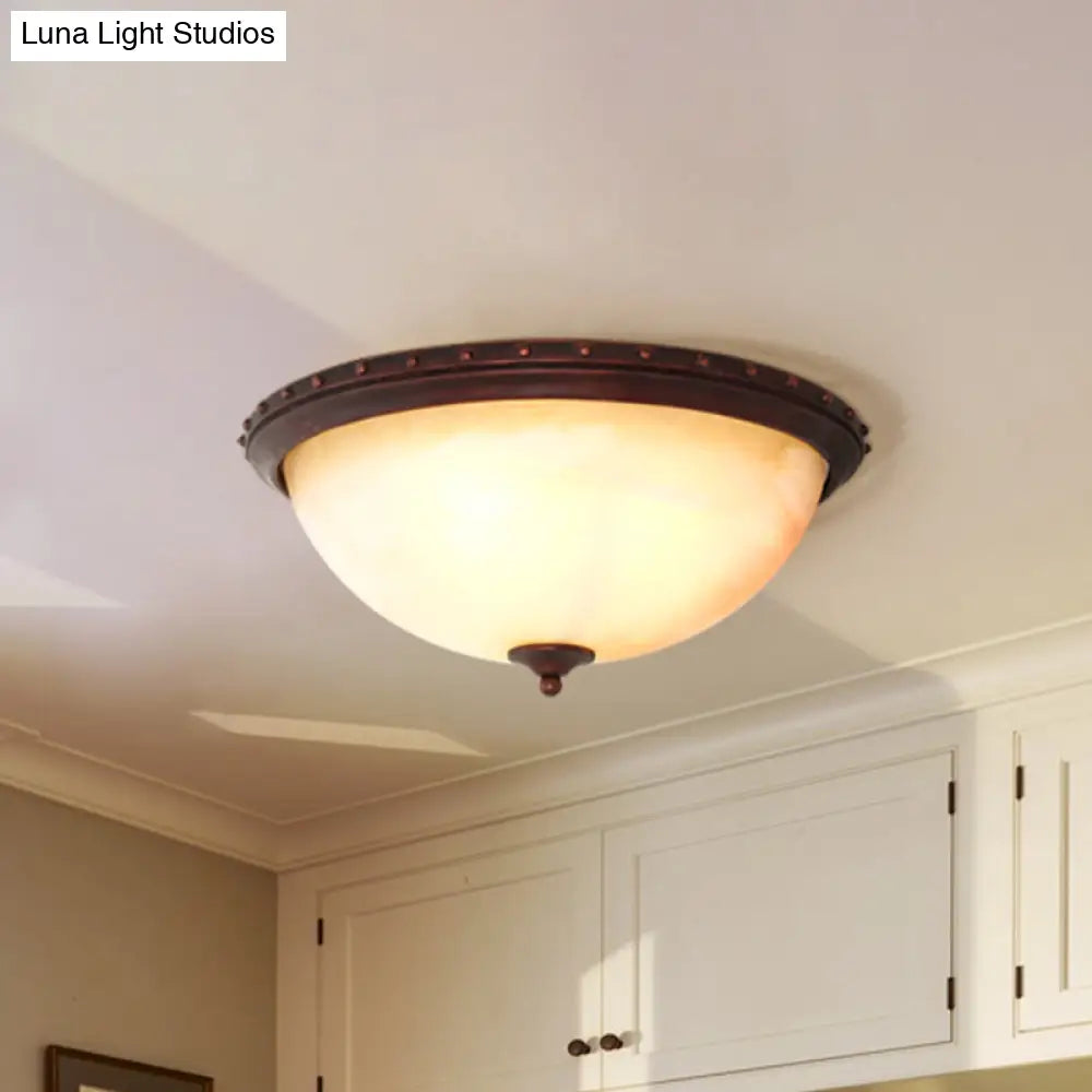 Traditional Opal Glass Bowl Flush Light Fixture - 2-Head Foyer Ceiling Mount (Brown)