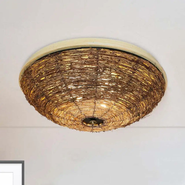 Traditional Rattan Wood Bowl Flush Ceiling Lamp - 3 Bulb Light Fixture 12.5’/16.5’ Wide / 12.5’