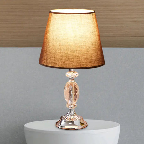 Traditional Red/Coffee/Flaxen Tapered Table Lamp With Fabric Shade And Beveled Crystal Blocks -