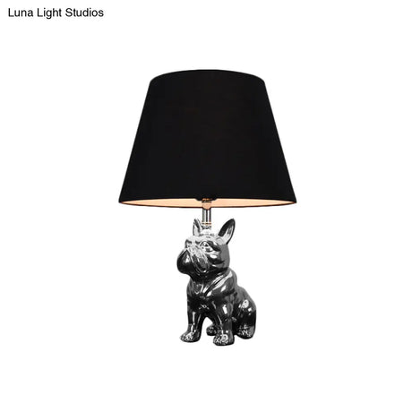 Traditional Resin Dog Nightstand Lamp For Bedroom - Silver/Gold 1 Head Conical Fabric Shade