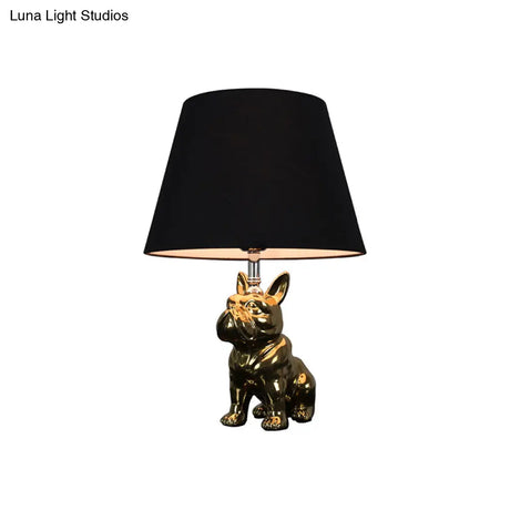 Traditional Resin Dog Nightstand Lamp For Bedroom - Silver/Gold 1 Head Conical Fabric Shade