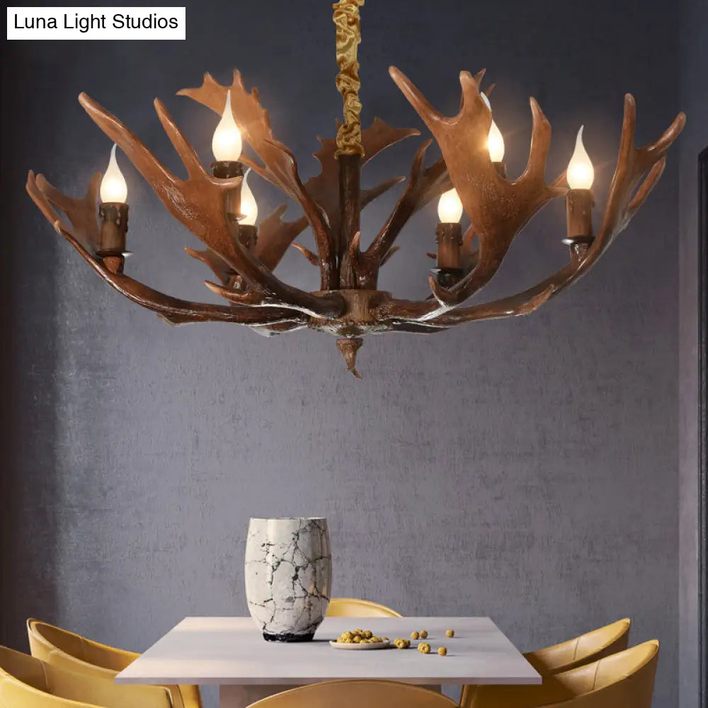 Traditional Resin Hanging Lamp: Candle-Shaped Bedroom Pendant Light With 6-Bulb Brown Chandelier And