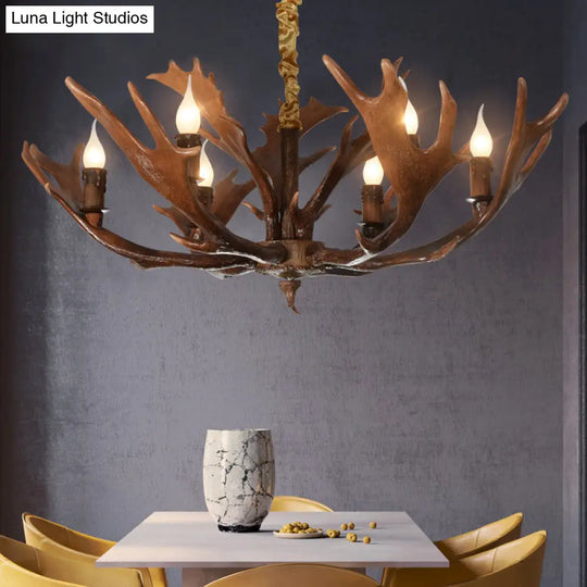 Traditional Resin Hanging Lamp: Candle-Shaped Bedroom Pendant Light With 6-Bulb Brown Chandelier And