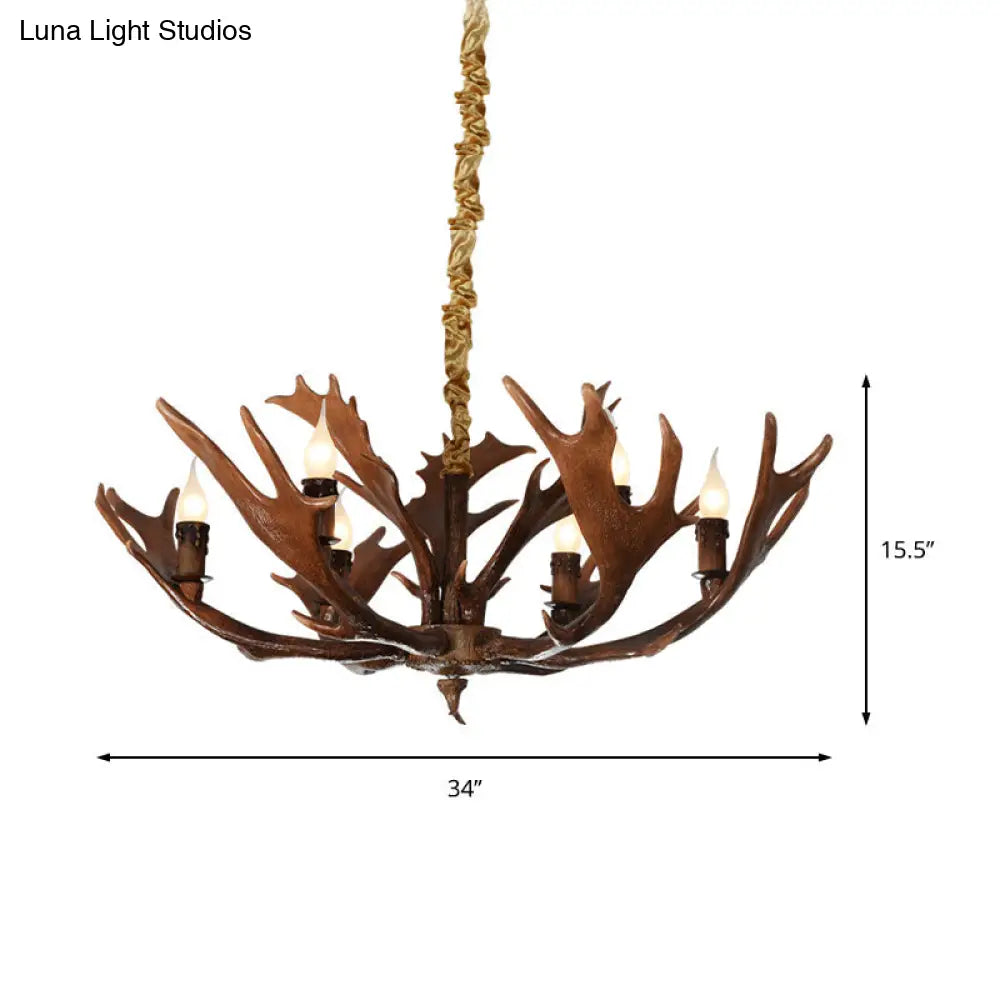 Traditional Resin Hanging Lamp: Candle-Shaped Bedroom Pendant Light With 6-Bulb Brown Chandelier And