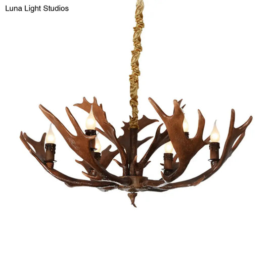 Traditional Resin Hanging Lamp: Candle-Shaped Bedroom Pendant Light With 6-Bulb Brown Chandelier And