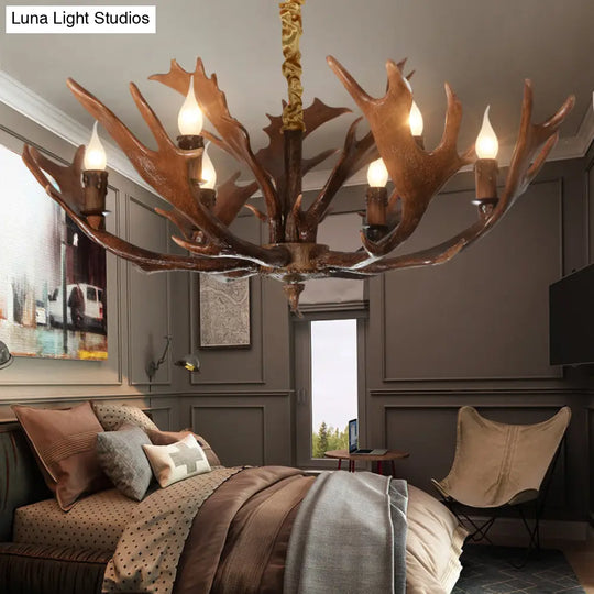 Traditional Resin Hanging Lamp: Candle-Shaped Bedroom Pendant Light With 6-Bulb Brown Chandelier And