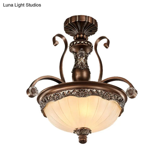 Traditional Rust Bowl Pendant Light With Frosted Textured Glass - 3 Chandelier For Bedroom