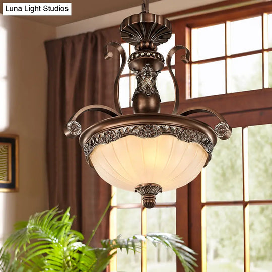 Traditional Rust Bowl Pendant Light With Frosted Textured Glass - 3 Chandelier For Bedroom
