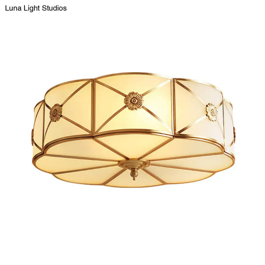 Traditional Scalloped Glass Ceiling Lamp In White & Brass For Bedroom Flush Mount Lighting
