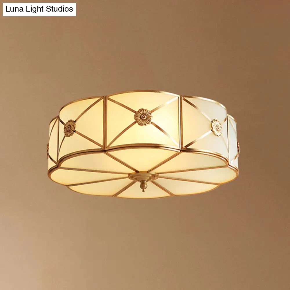 Traditional Scalloped Glass Ceiling Lamp In White & Brass For Bedroom Flush Mount Lighting 4 /