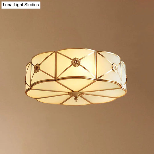 Traditional Scalloped Glass Ceiling Lamp In White & Brass For Bedroom Flush Mount Lighting 4 /