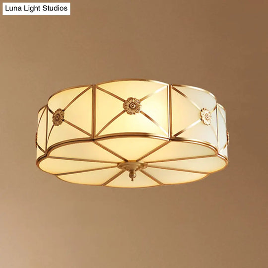 Traditional Scalloped Glass Ceiling Lamp In White & Brass For Bedroom Flush Mount Lighting 6 /