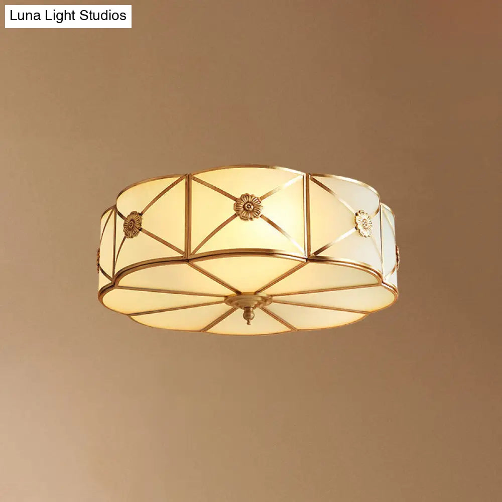 Traditional Scalloped Glass Ceiling Lamp In White & Brass For Bedroom Flush Mount Lighting 3 /