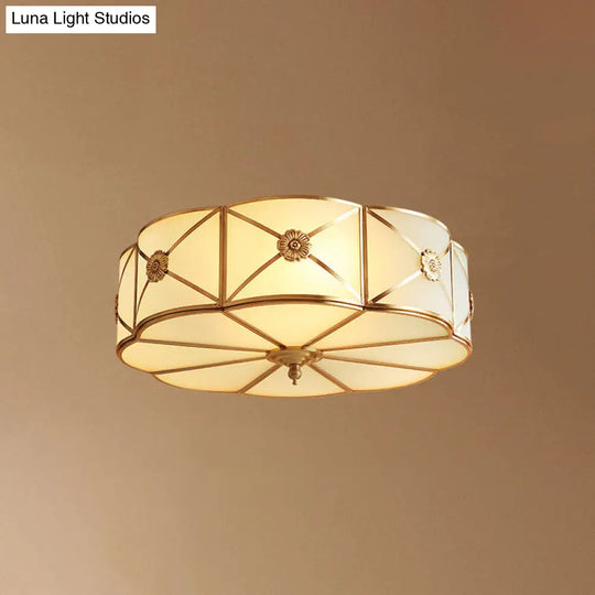 Traditional Scalloped Glass Ceiling Lamp In White & Brass For Bedroom Flush Mount Lighting 3 /