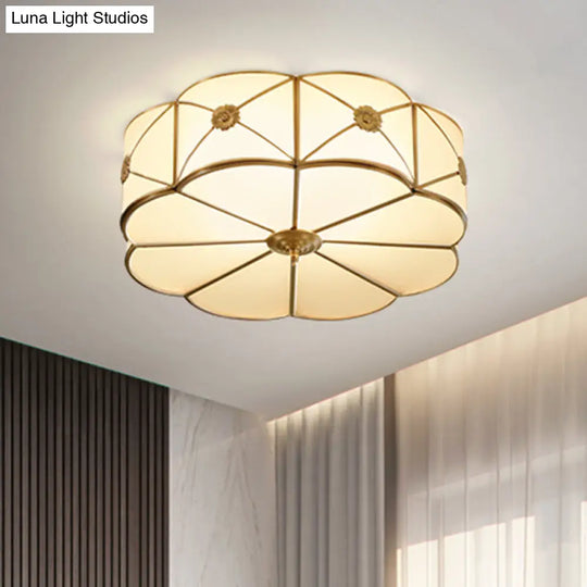 Traditional Scalloped Glass Ceiling Lamp In White & Brass For Bedroom Flush Mount Lighting