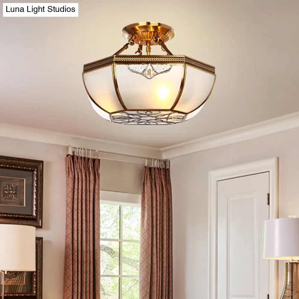Traditional Semi Flush Brass Lamp With Milk Glass And 3 Bulbs For Living Room Ceiling