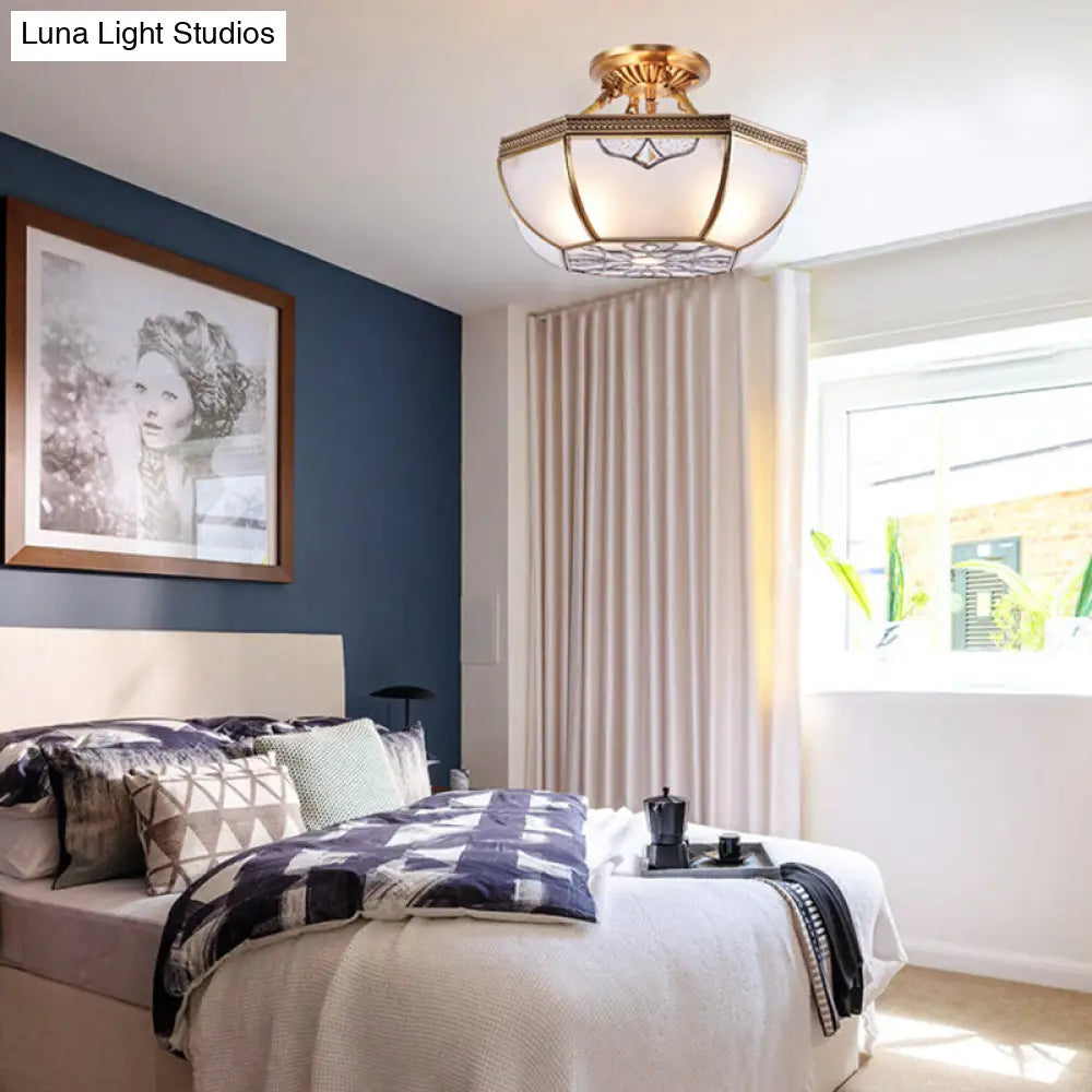 Traditional Semi Flush Brass Lamp With Milk Glass And 3 Bulbs For Living Room Ceiling