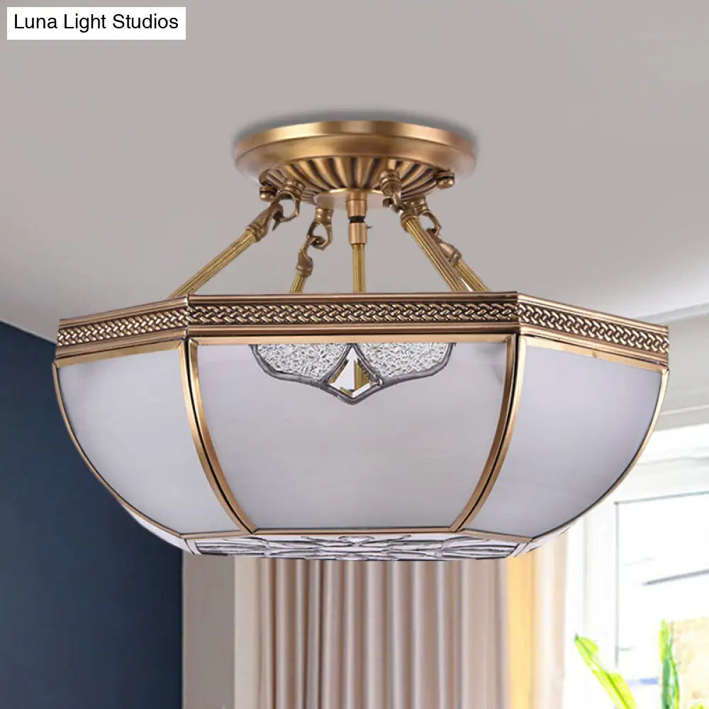 Traditional Semi Flush Brass Lamp With Milk Glass And 3 Bulbs For Living Room Ceiling