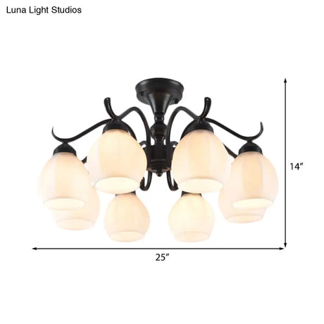 Traditional Semi Flush Ceiling Lamp In Black Bubble Shape White Glass 3/5/6 Lights - Ideal For