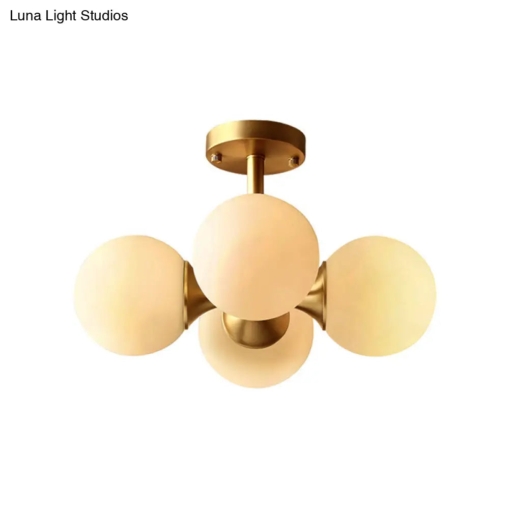 Traditional Semi-Flush Dining Room Ceiling Light With White Globe Glass Shade And Gold Finish