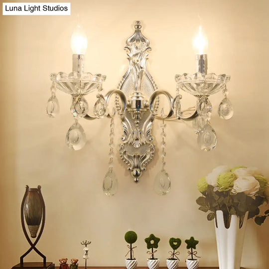 Traditional Silver Wall Lamp With 2 Light And Faceted Crystal Candelabra For Elegant Mounting
