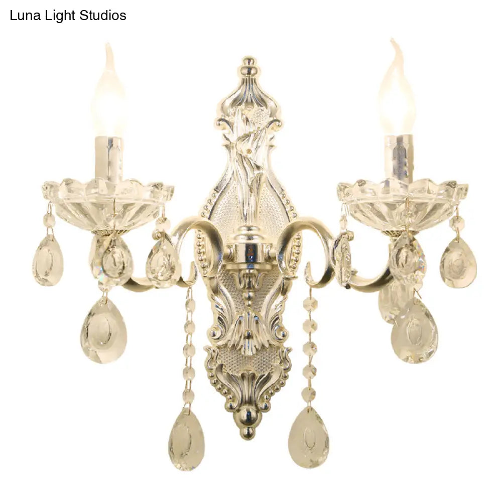 Traditional Silver Wall Lamp With 2 Light And Faceted Crystal Candelabra For Elegant Mounting