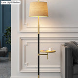 Traditional Single Living Room Floor Lamp With Pull Chain Fabric Empire Shade & Wooden Tray In