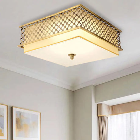 Traditional Square Metal Flushmount Lighting In Brass For Bedroom - 5 Lights 16’/19.5’ Wide / 19.5’