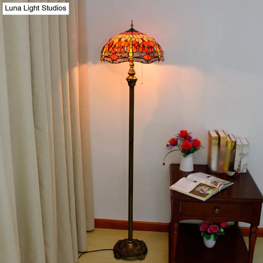 Traditional Stained Glass Dragonfly Standing Lamp With 2 Bulbs And Pull Chain - Floor Light In