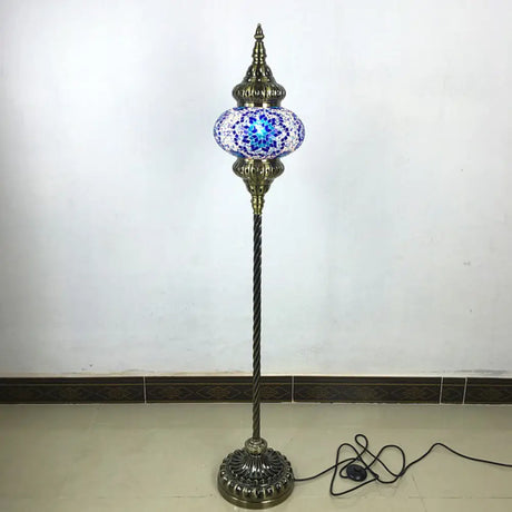 Traditional Stained Glass Oval Standing Lamp - 1 Head Living Room Floor Light In Red/Yellow/Blue