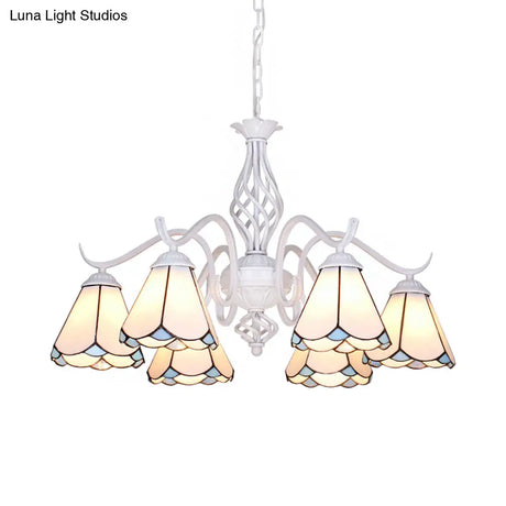 Traditional Stained Glass Pendant Chandelier With White Cone Finish In Blue/White