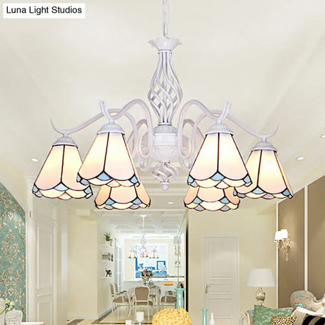 Traditional Stained Glass Pendant Chandelier With White Cone Finish In Blue/White