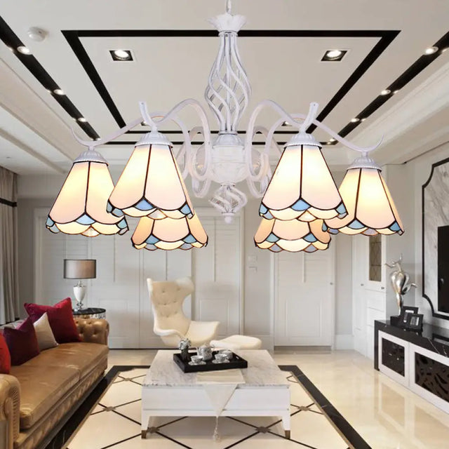 Traditional Stained Glass Pendant Chandelier With White Cone Finish In Blue/White