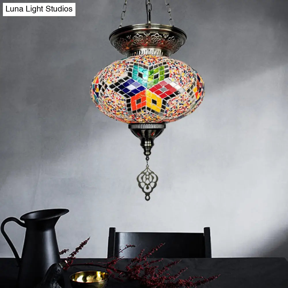 Traditional Stained Glass Red/Blue Pendant Light - Oval Ceiling Hanging Fixture