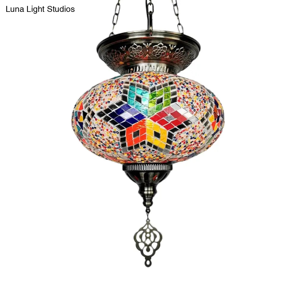 Traditional Stained Glass Red/Blue Pendant Light - Oval Ceiling Hanging Fixture