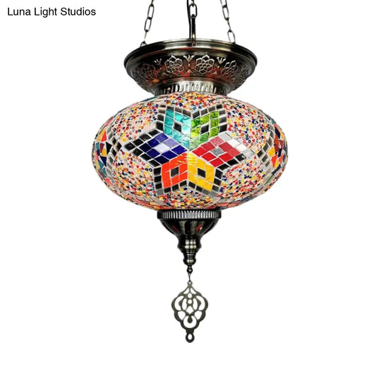 Traditional Stained Glass Red/Blue Pendant Light - Oval Ceiling Hanging Fixture