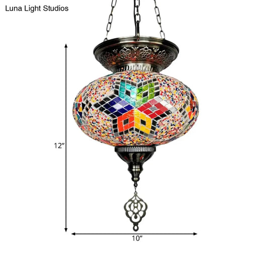 Traditional Stained Glass Red/Blue Pendant Light - Oval Ceiling Hanging Fixture