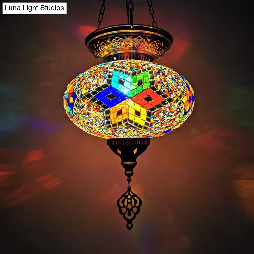Traditional Stained Glass Red/Blue Pendant Light - Oval Ceiling Hanging Fixture