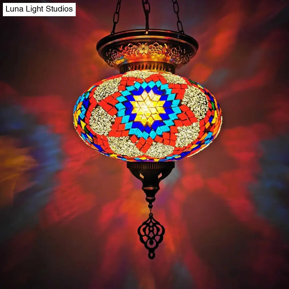 Traditional Stained Glass Red/Blue Pendant Light - Oval Ceiling Hanging Fixture