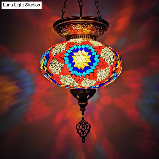 Traditional Stained Glass Red/Blue Pendant Light - Oval Ceiling Hanging Fixture