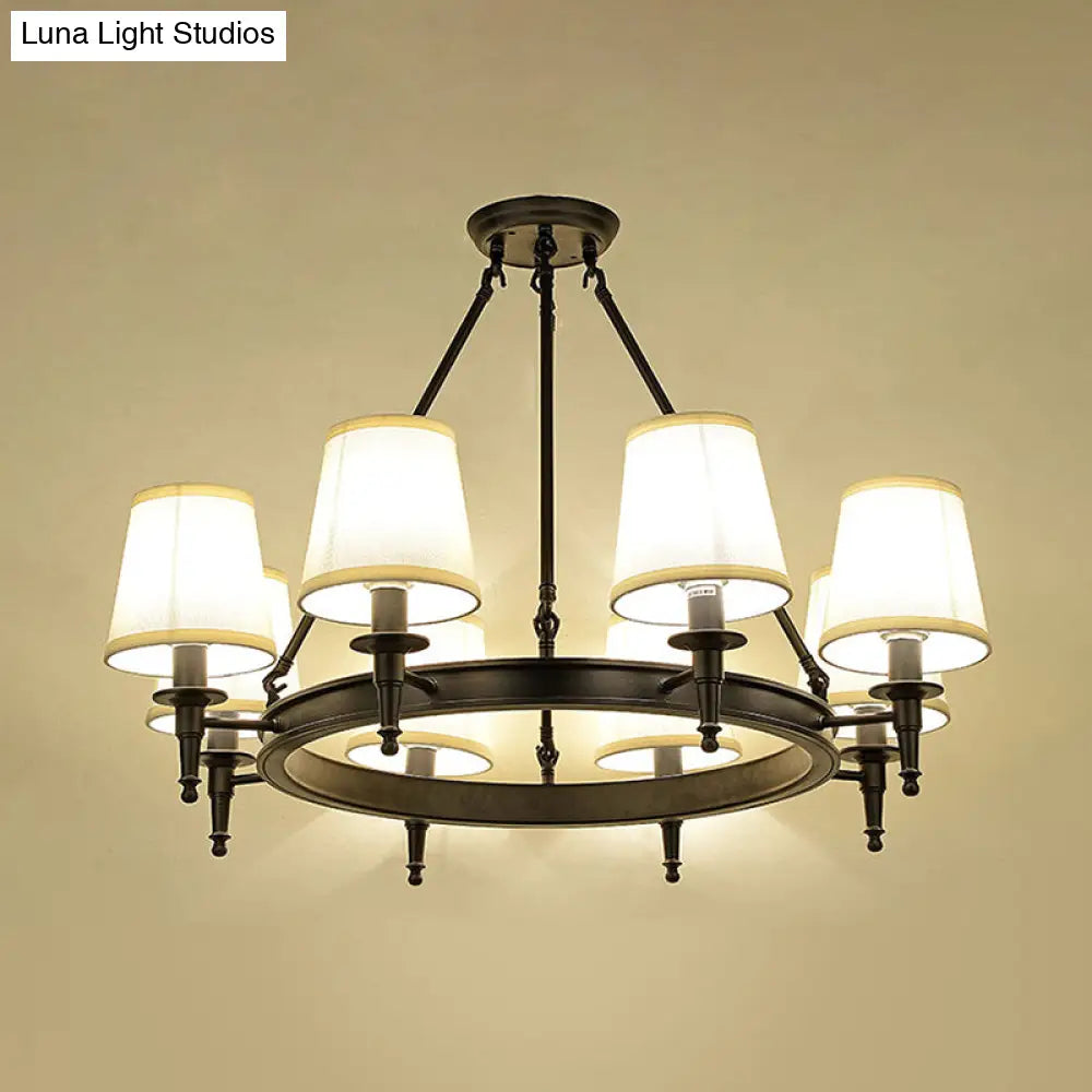 Traditional Tapered Pendant Chandelier - Fabric 3/6/8-Light Black Hanging Fixture With Wagon Wheel