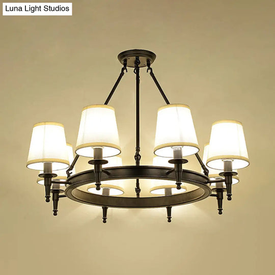Traditional Tapered Pendant Chandelier - Fabric 3/6/8-Light Black Hanging Fixture With Wagon Wheel