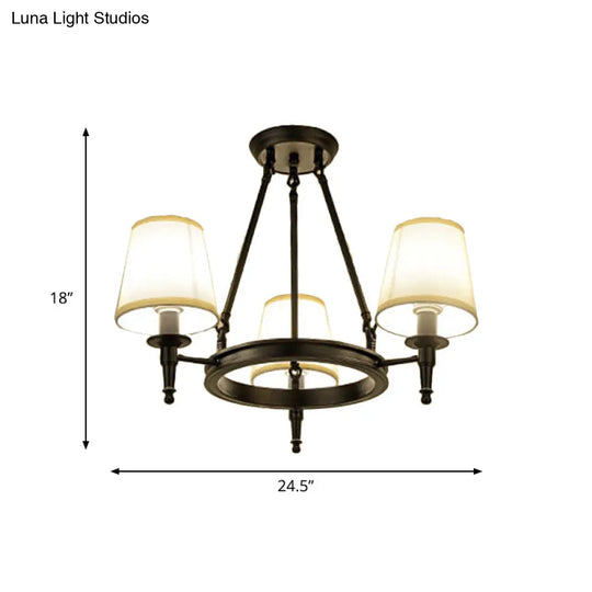 Traditional Tapered Pendant Chandelier - Fabric 3/6/8-Light Black Hanging Fixture With Wagon Wheel