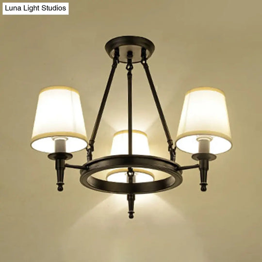 Traditional Tapered Pendant Chandelier - Fabric 3/6/8-Light Black Hanging Fixture With Wagon Wheel